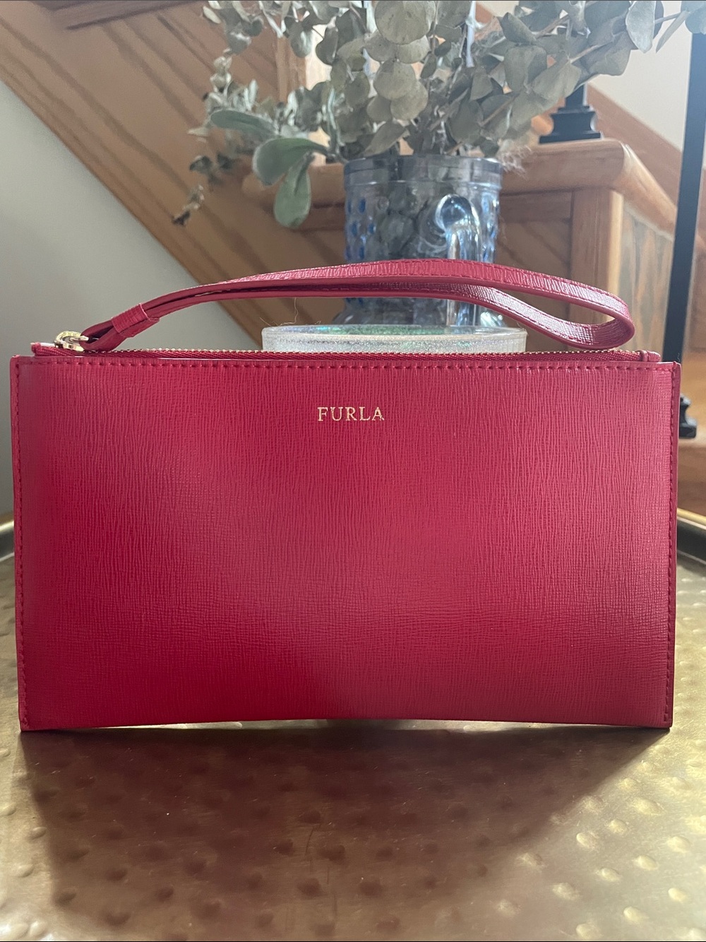 Furla Raspberry Red Leather Wristlet Clutch Zippered Wrist Strap - Picture 2 of 10